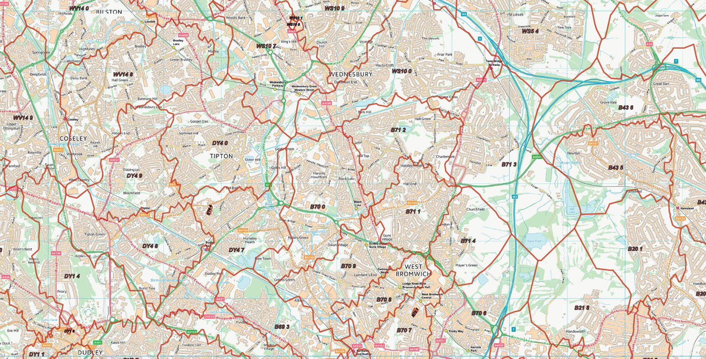 Postcode City Sector Map - Birmingham & Wolverhampton - Digital Download