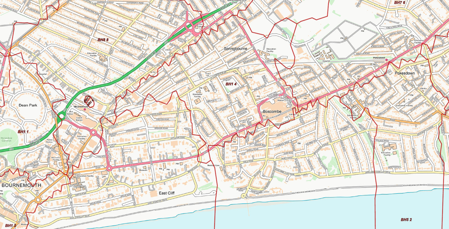 Central Bournemouth Postcode City Street Map - Digital Download