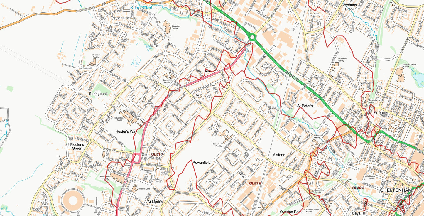 Central Cheltenham Postcode City Street Map - Digital Download