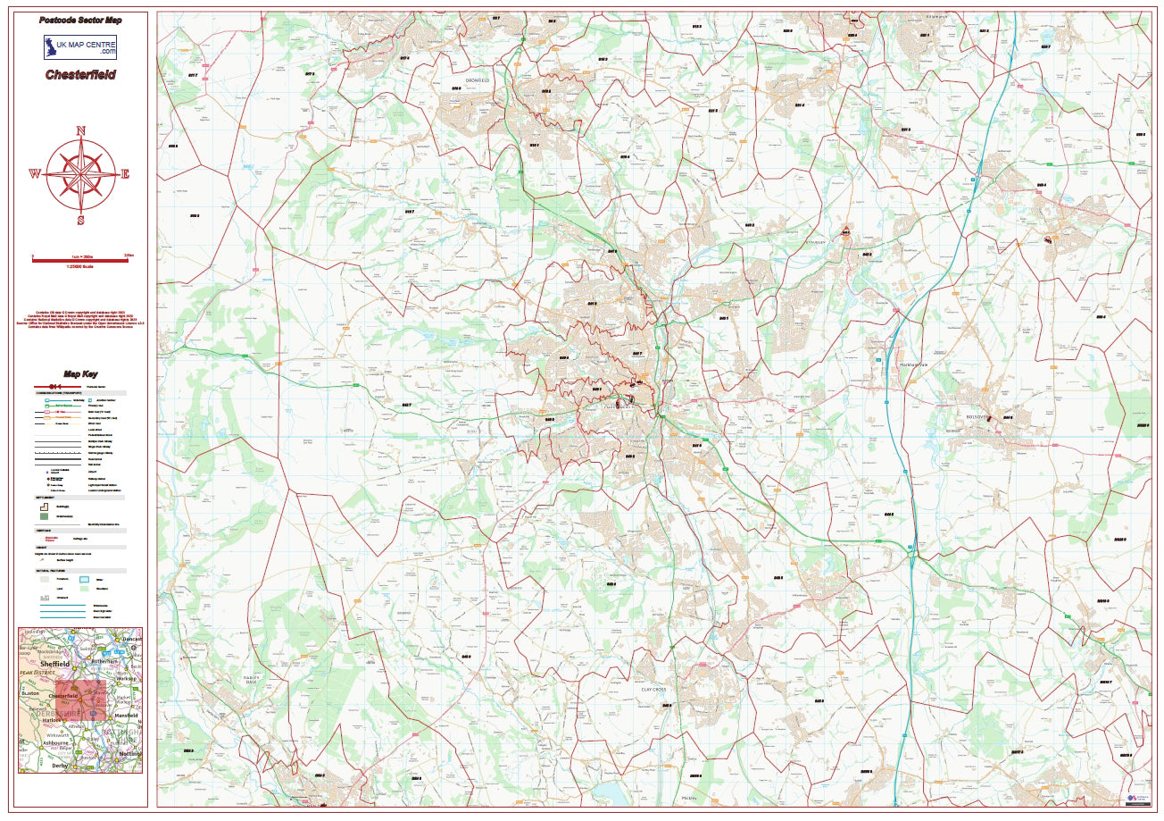 Postcode City Sector Map - Chesterfield - Digital Download