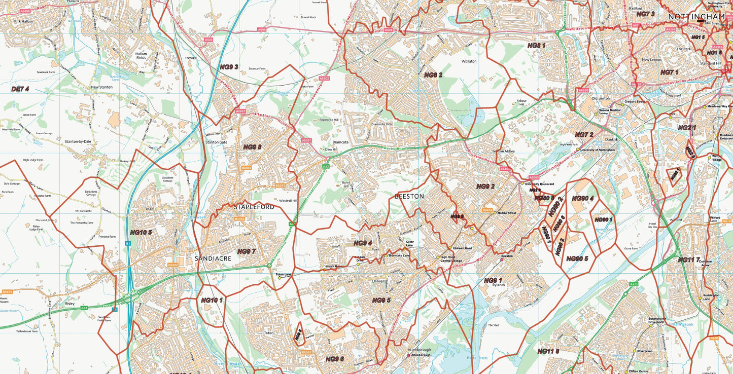 Postcode City Sector Map - Derby & Nottingham - Digital Download