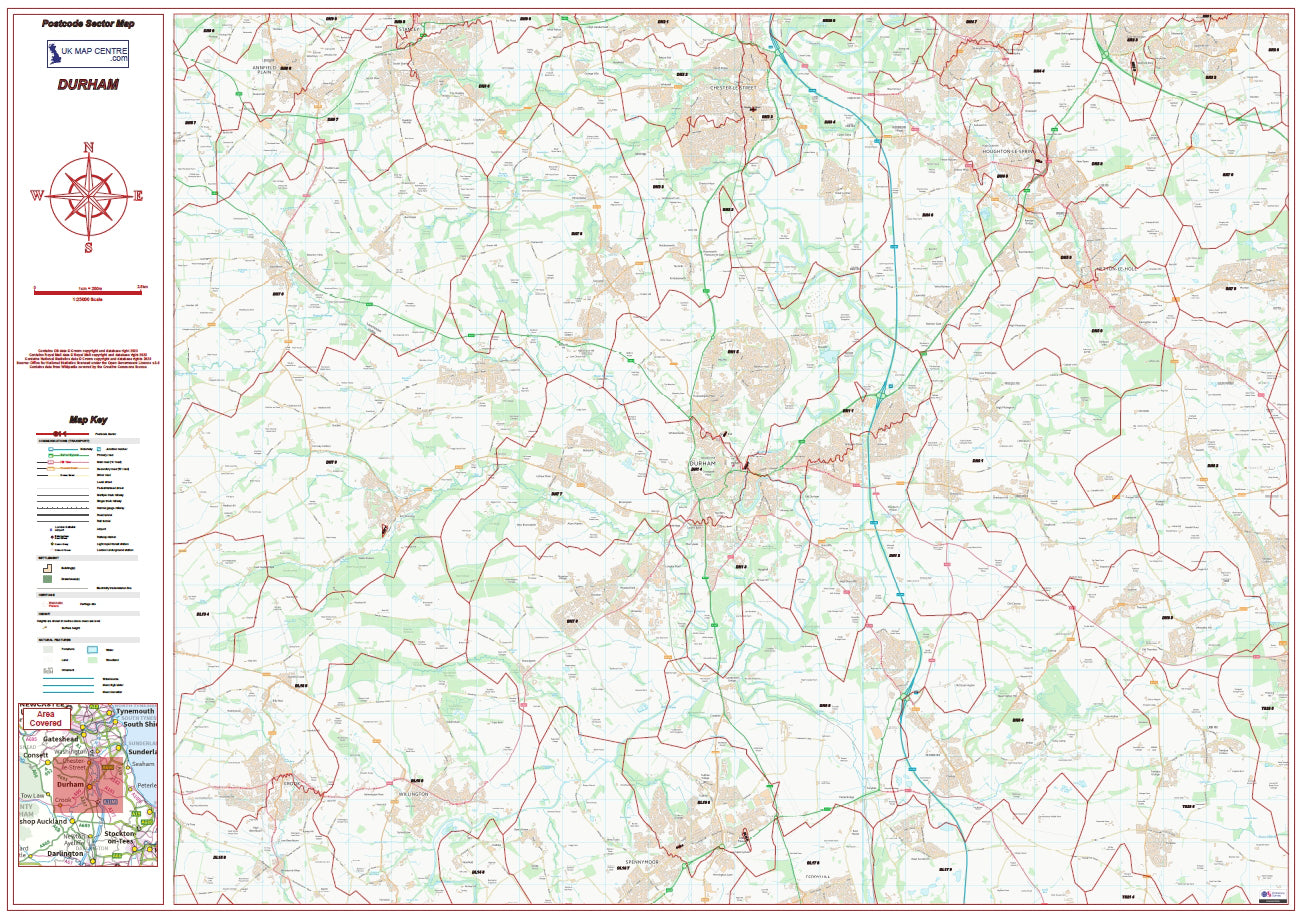 Postcode City Sector Map - Durham - Digital Download