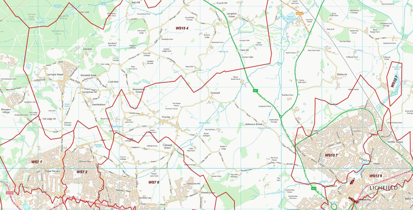 Postcode City Sector Map - Lichfield - Digital Download