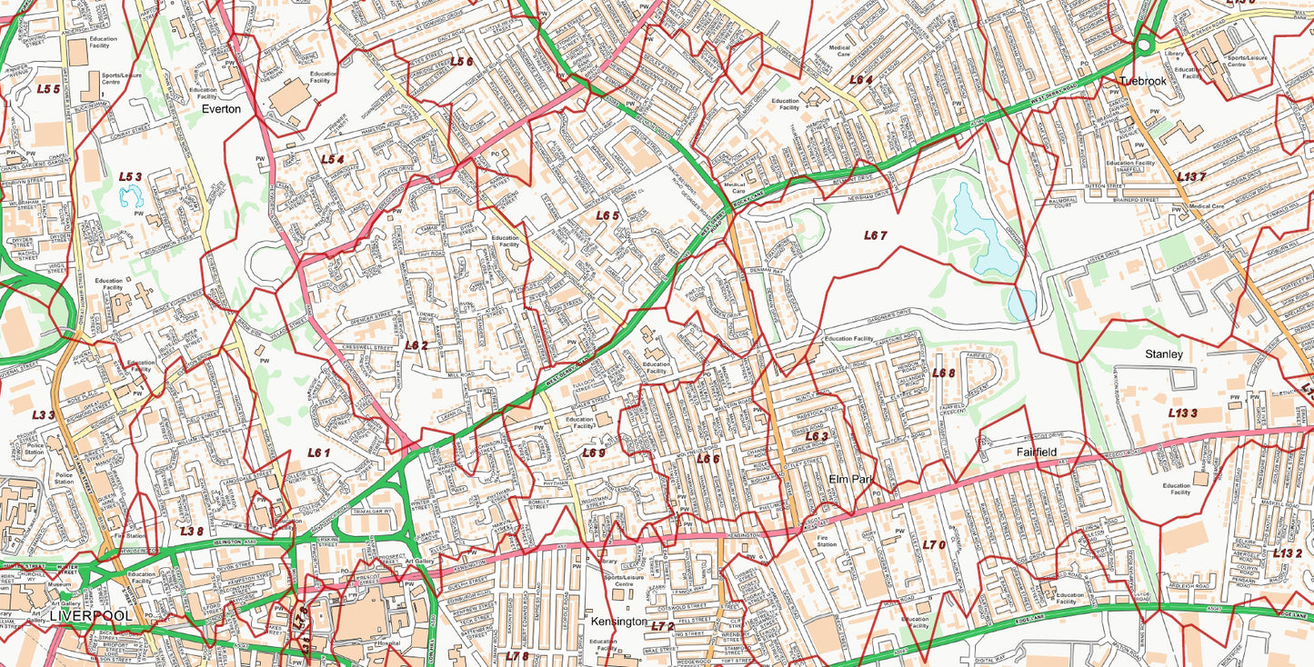 Central Liverpool Postcode City Street Map - Digital Download