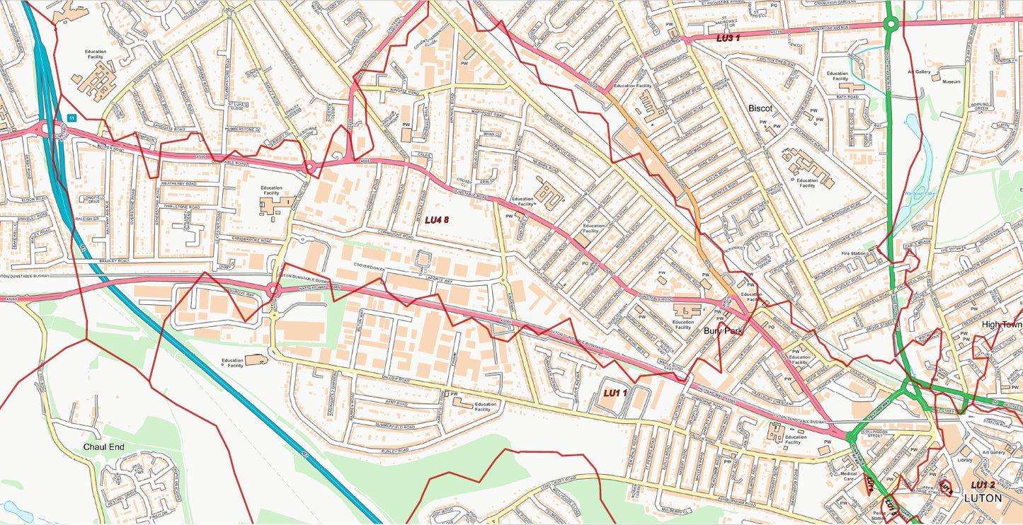 Central Luton Postcode City Street Map - Digital Download