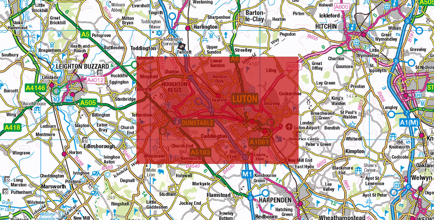 Central Luton Postcode City Street Map - Digital Download