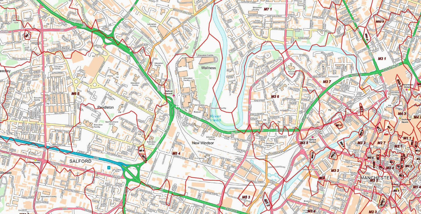 Central Manchester Postcode City Street Map - Digital Download