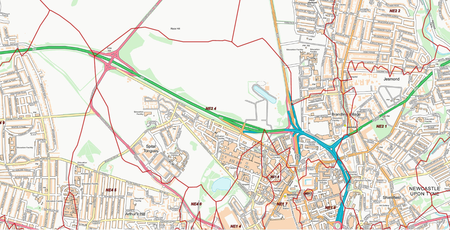 Central Newcastle Upon Tyne Postcode City Street Map - Digital Download