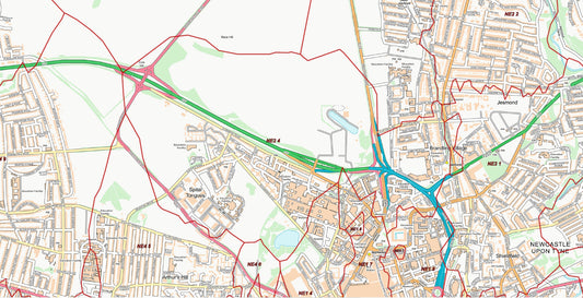 Central Newcastle Upon Tyne Postcode City Street Map - Digital Download