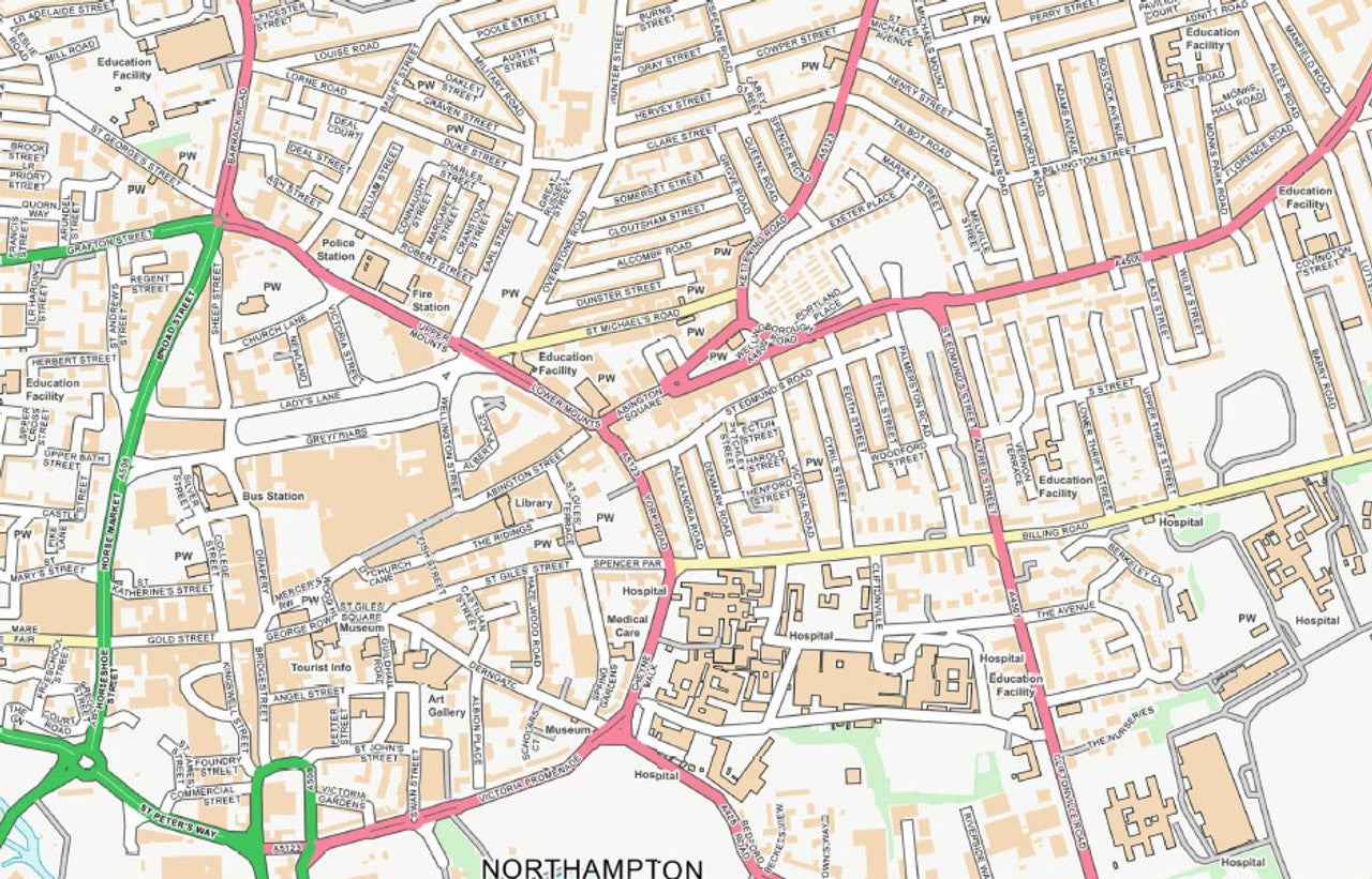 Central Northampton City Street Map - Digital Download
