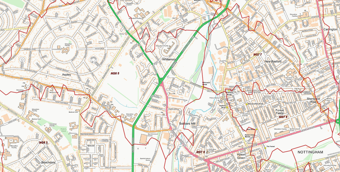 Central Nottingham Postcode City Street Map - Digital Download