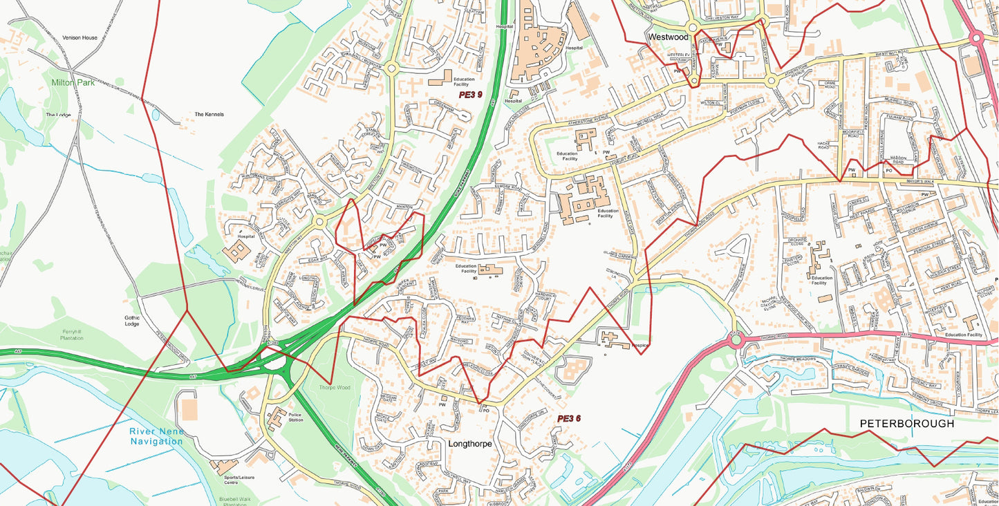 Central Peterborough Postcode City Street Map - Digital Download