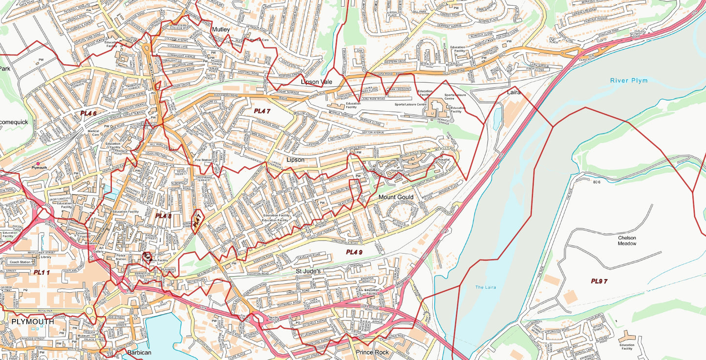 Central Plymouth Postcode City Street Map - Digital Download