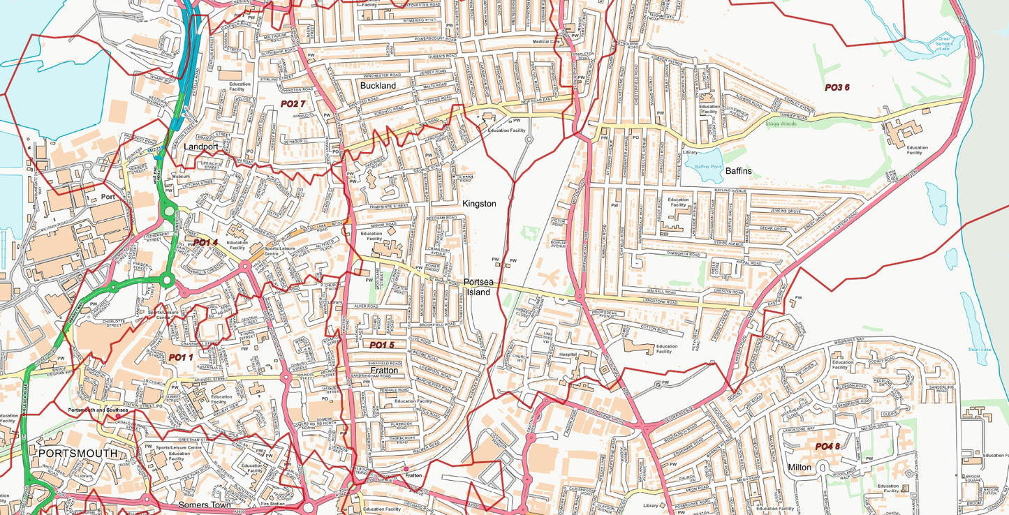 Central Portsmouth Postcode City Street Map - Digital Download