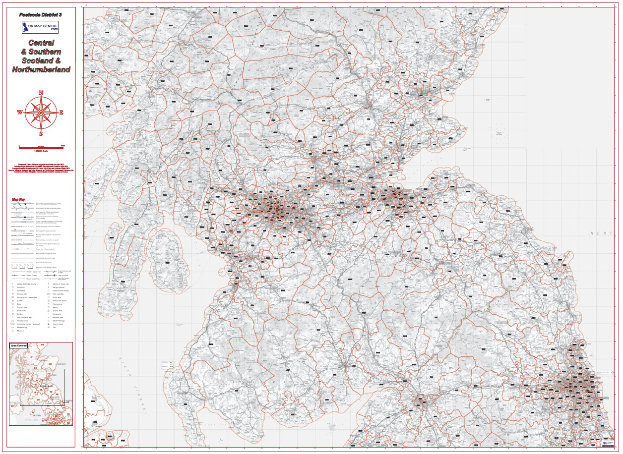 Postcode District Map 3 - Southern Scotland & Northumberland - Digital Download