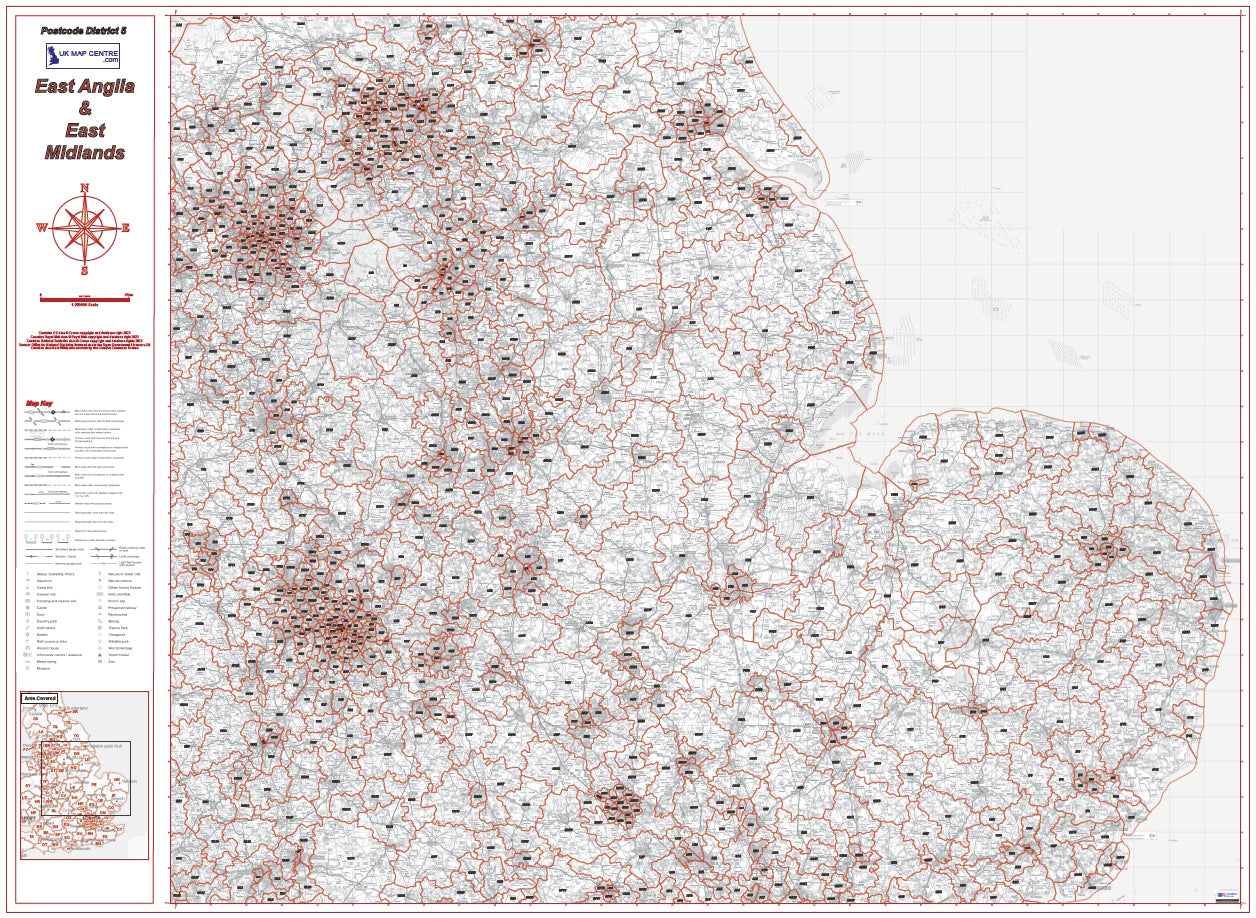 Postcode District Map 5 - East Midlands & East Anglia - Digital Download