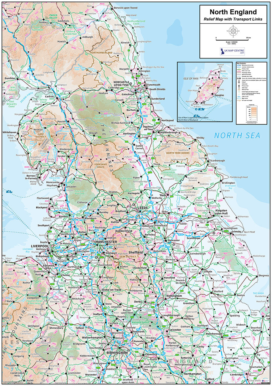 Relief Map 3 with Transport Links - Northern England - Digital Download