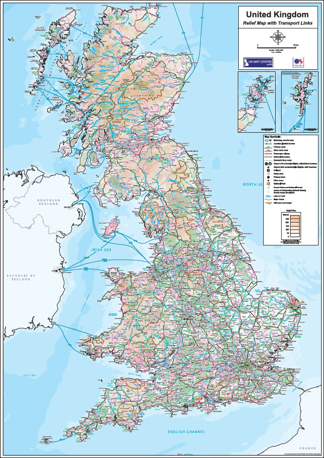 Relief Map 1 with Transport Links - Full UK - Digital Download