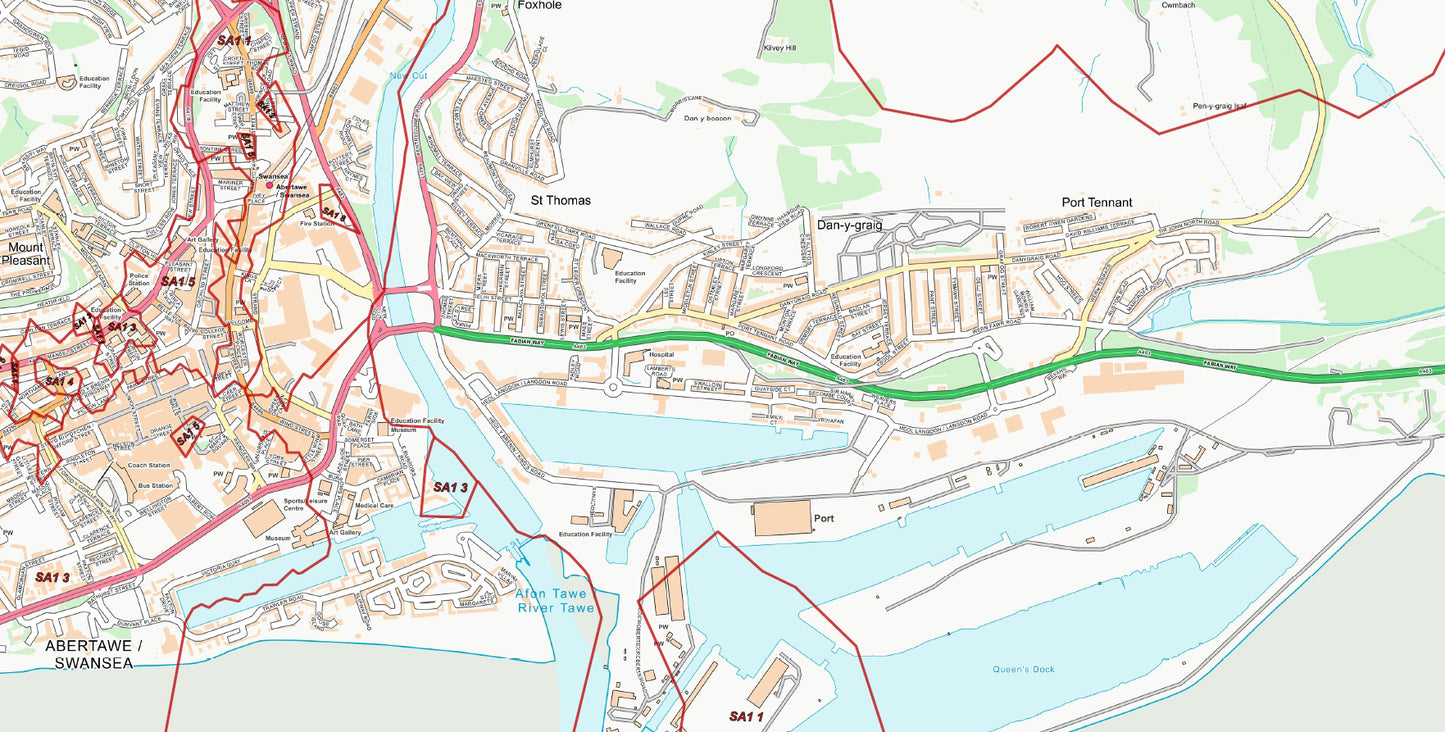 Central Swansea Postcode City Street Map - Digital Download