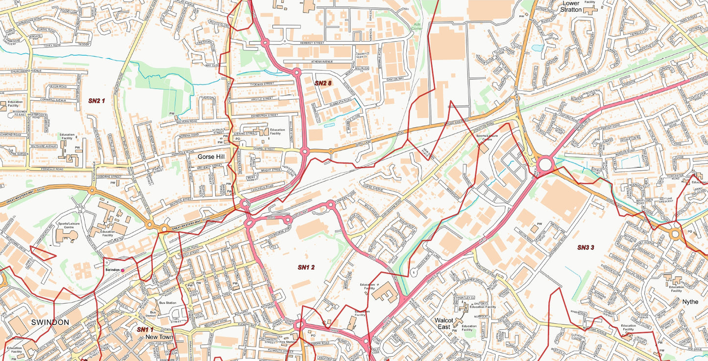Central Swindon Postcode City Street Map - Digital Download