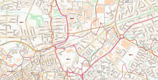 Central Swindon Postcode City Street Map - Digital Download
