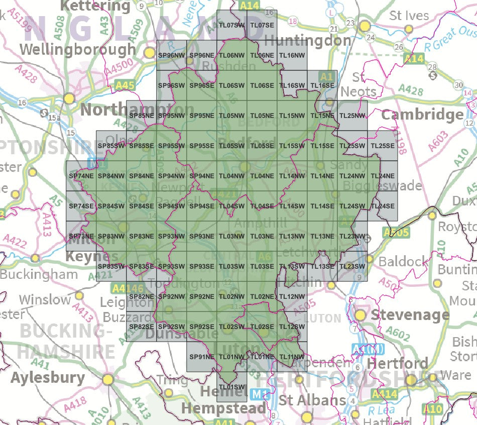 Bedfordshire and Milton Keynes - OS Map Tiles – ukmaps.co.uk