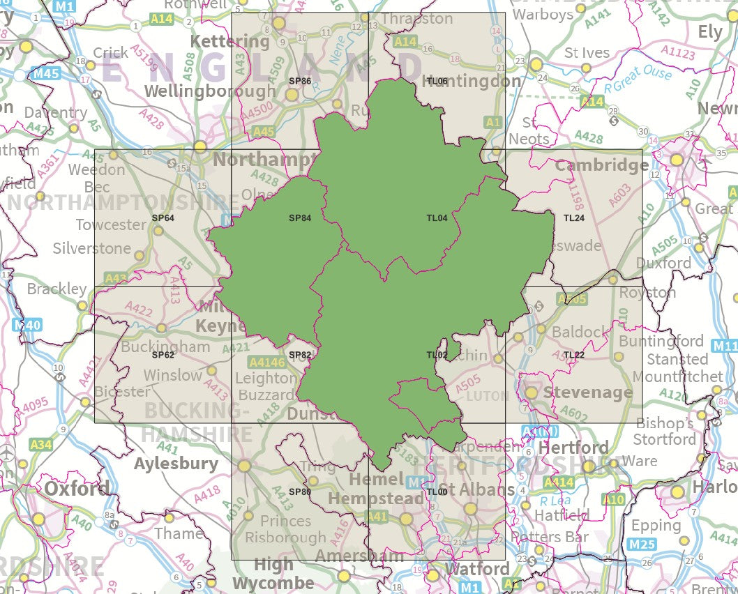 Bedfordshire and Milton Keynes - OS Map Tiles – ukmaps.co.uk