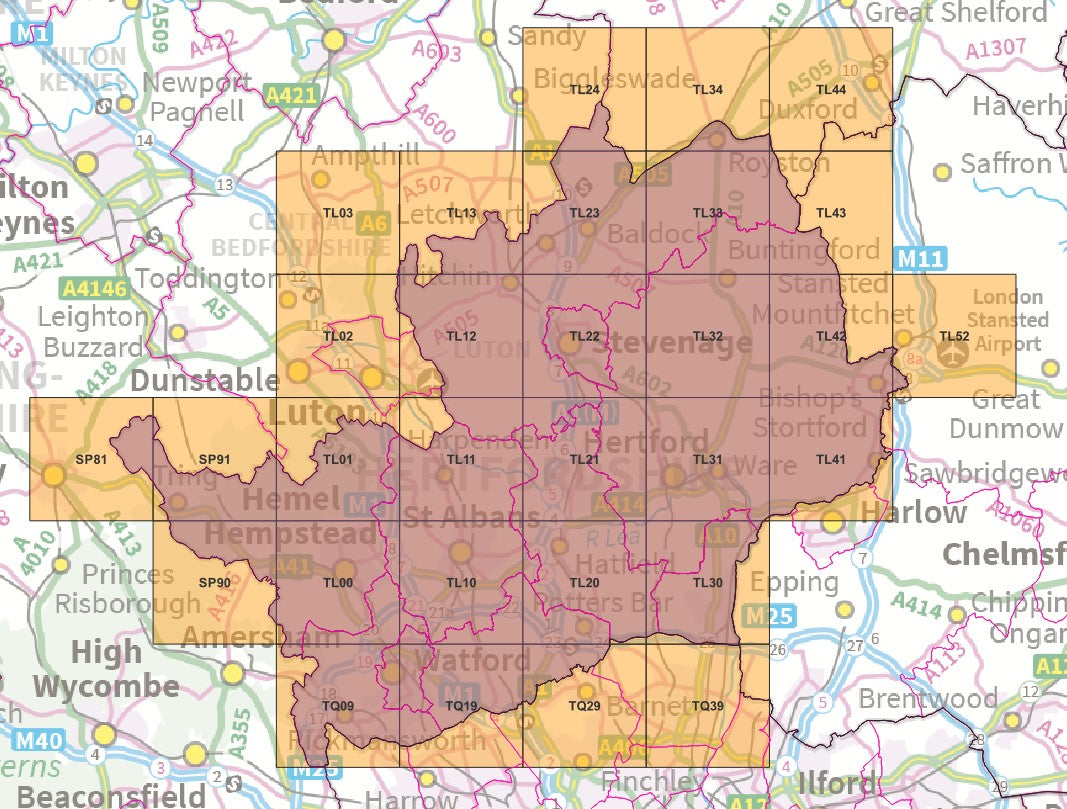 Hertfordshire - OS Map Tiles – ukmaps.co.uk