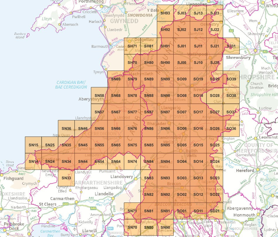 Mid Wales - OS Map Tiles – ukmaps.co.uk
