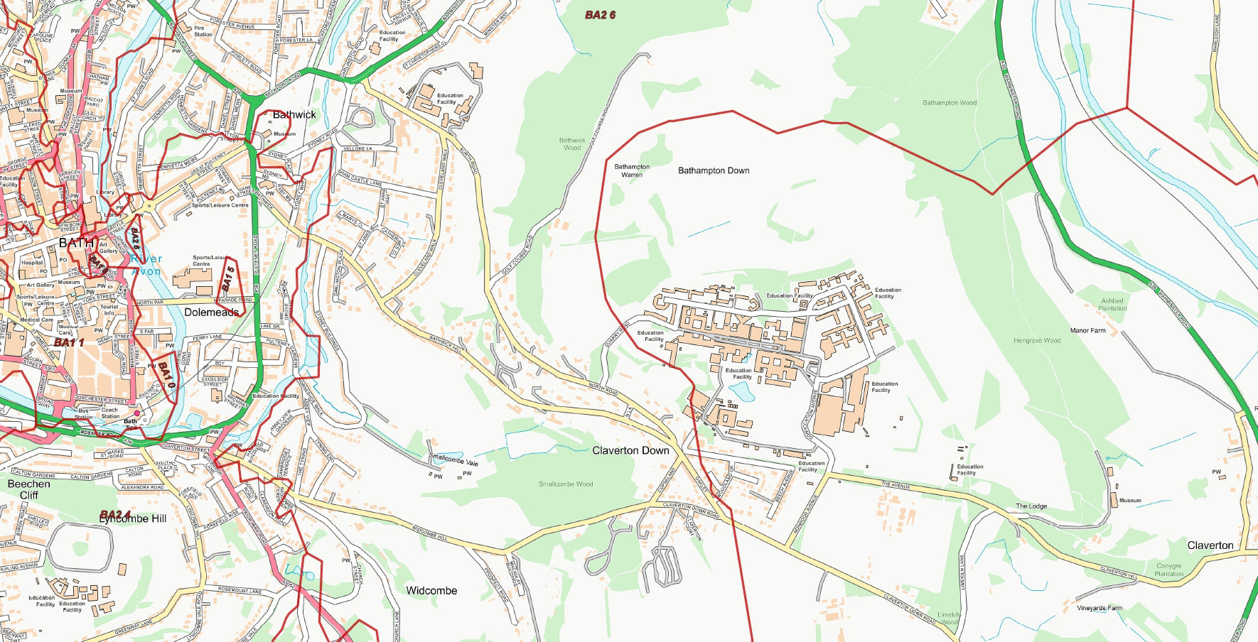 Bath Set Postcode Map Central Bath Postcode City Street Map - Digital Download – ukmaps.co.uk