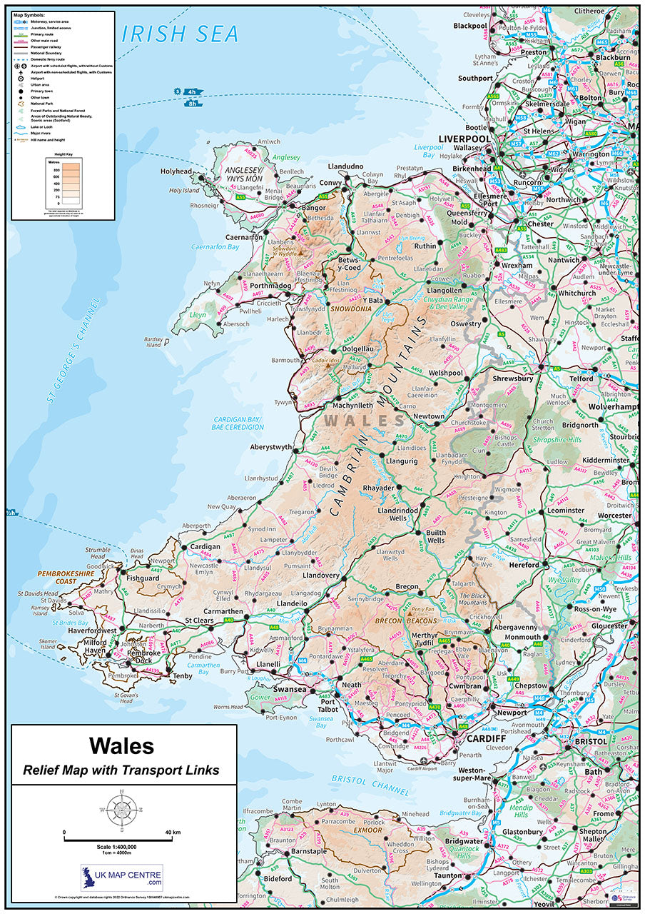 Compact Wales Map Relief Map with Transport Links - Digital Download