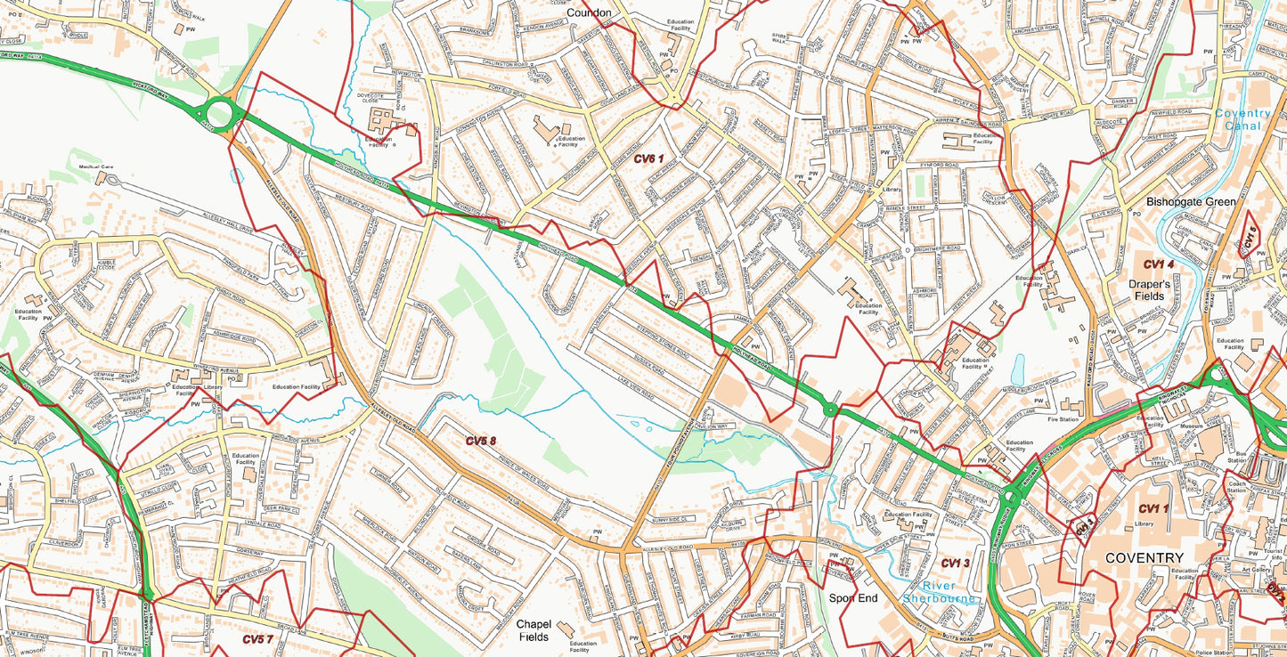Central Coventry Postcode City Street Map - Digital Download