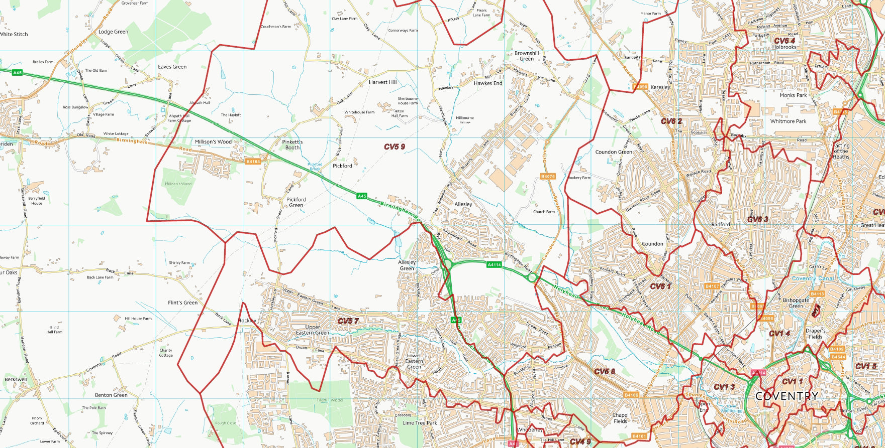 Coventry Postcode Sector Map | Warwickshire & CV Postcode Boundaries P ...