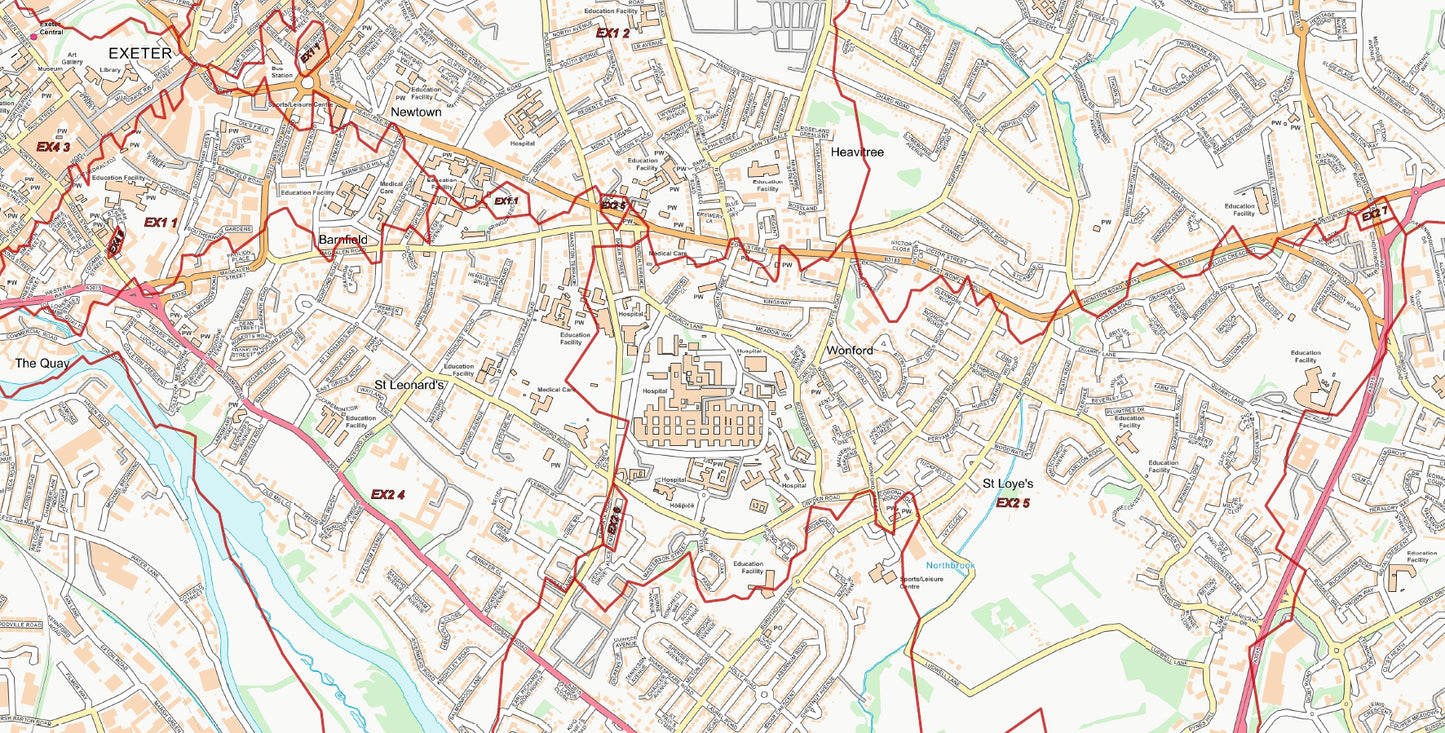 Central Exeter Postcode City Street Map - Digital Download