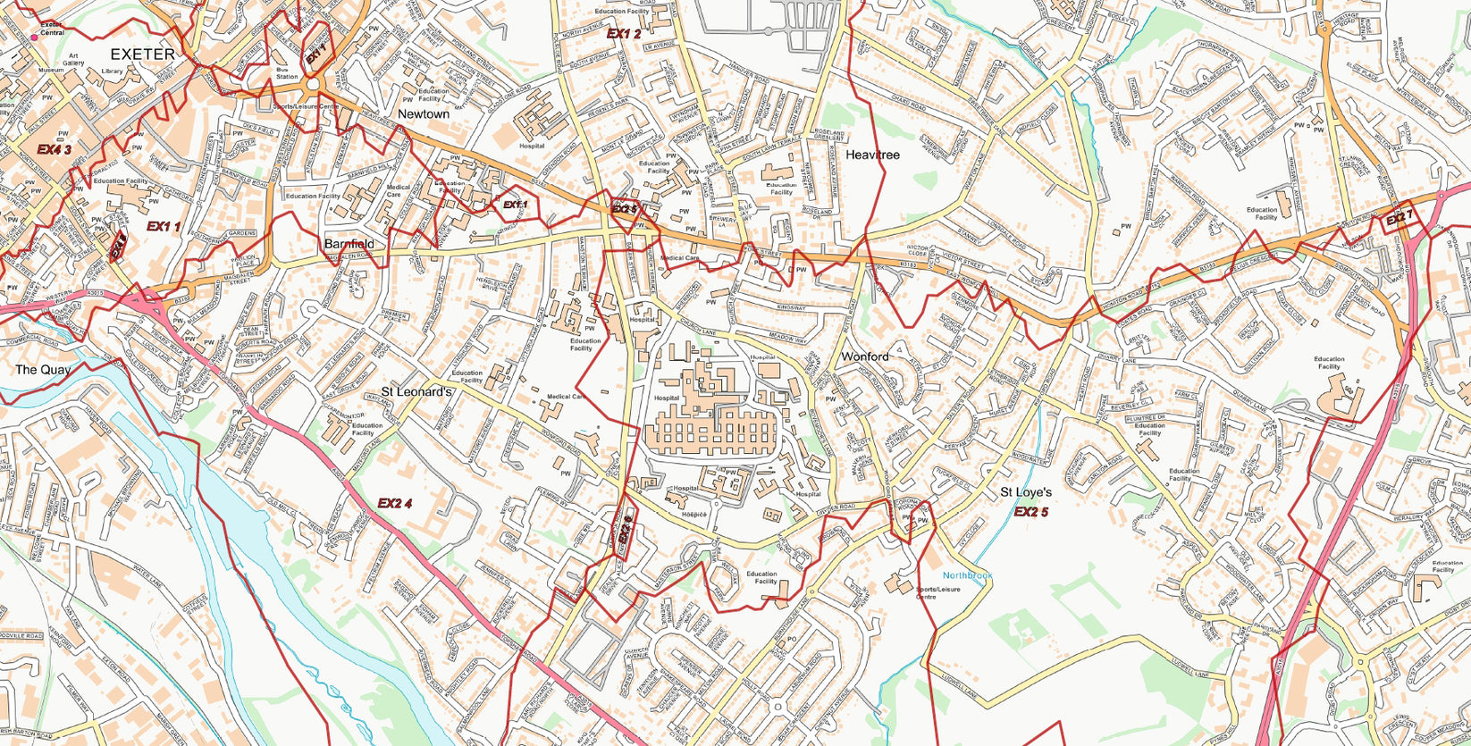 Central Exeter Postcode City Street Map - Digital Download – ukmaps.co.uk