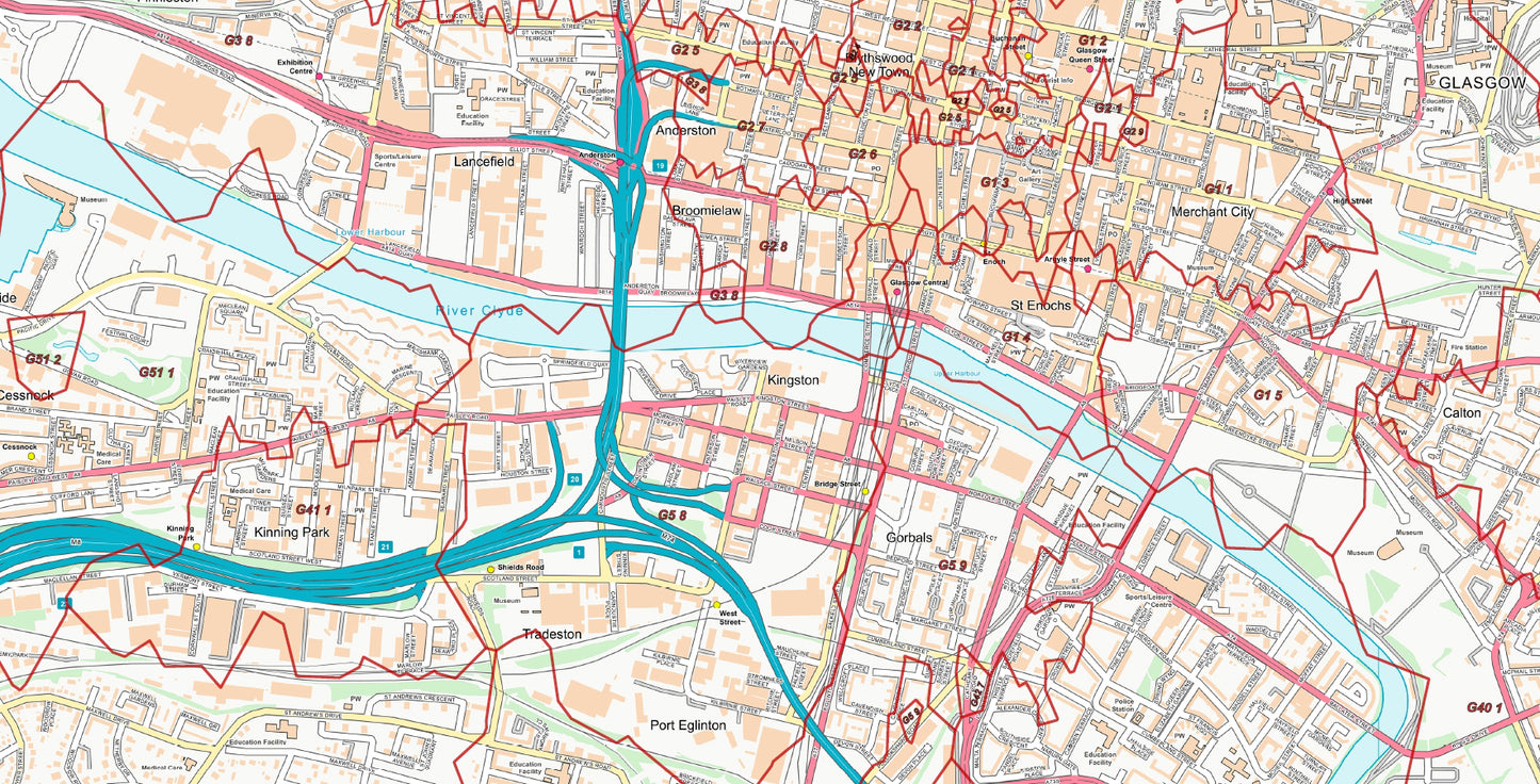 Central Glasgow Postcode City Street Map - Digital Download