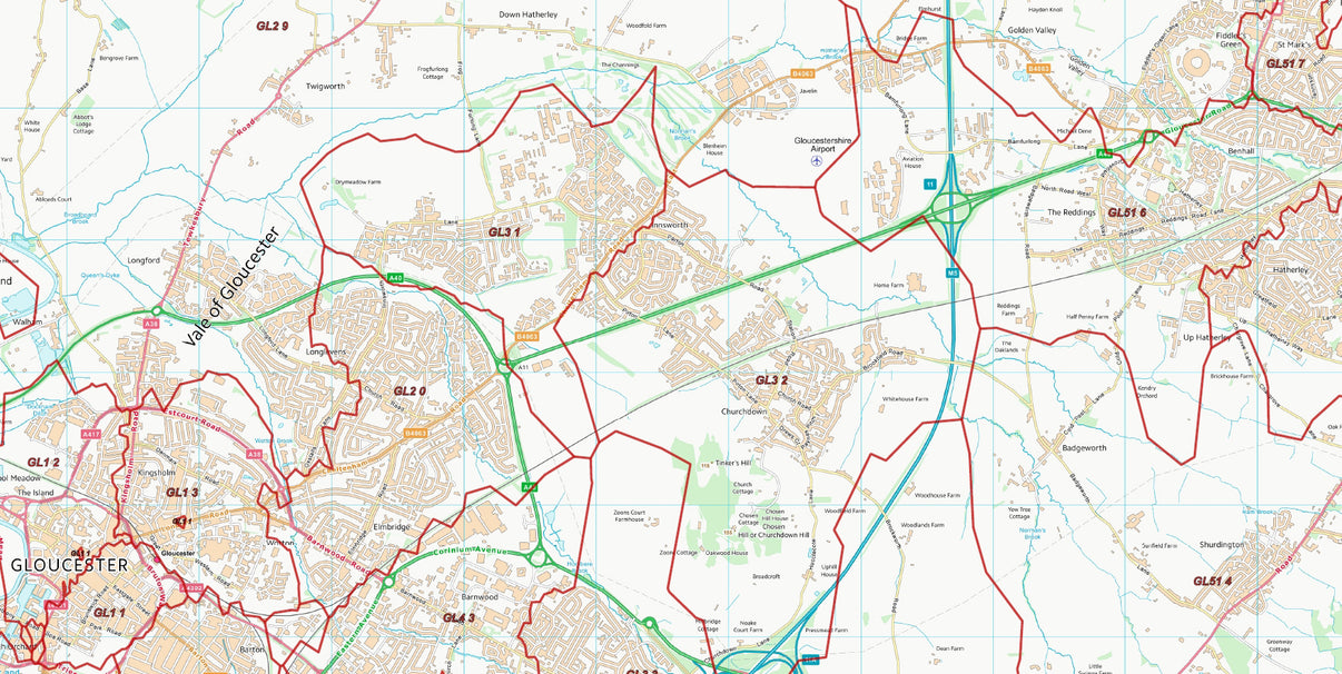 Postcode City Sector Map Gloucester & Cheltenham Digital Download