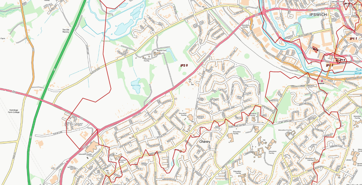 Central Ipswich Postcode City Street Map - Digital Download
