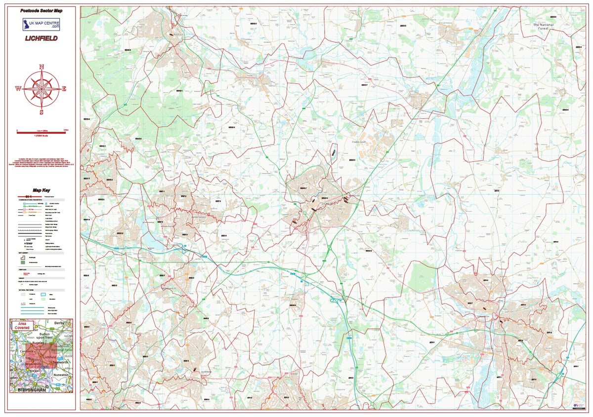 Lichfield Postcode Map Postcode City Sector Map - Lichfield - Digital Download – ukmaps.co.uk