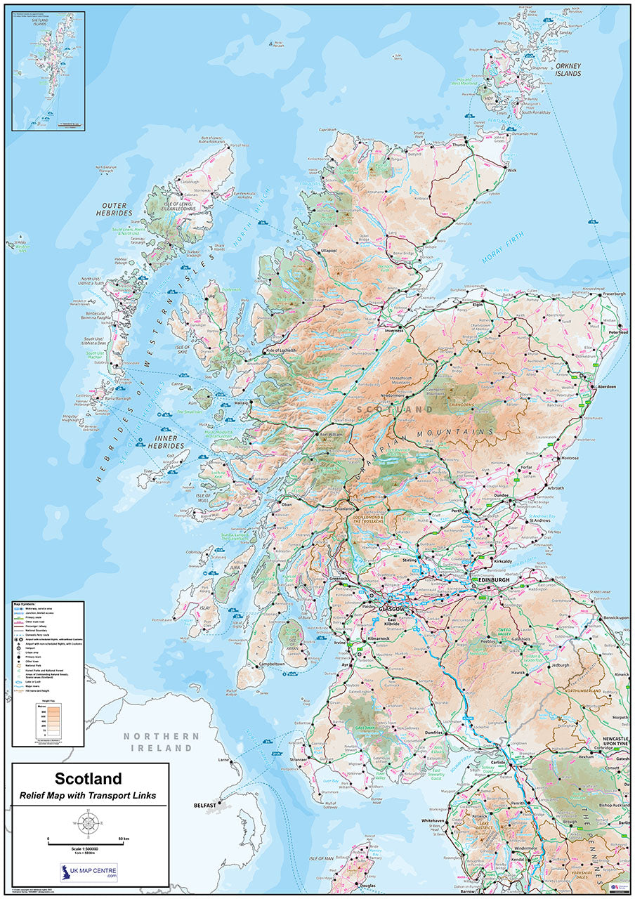 Compact Scotland Relief Map with Transport Links  - Digital Download