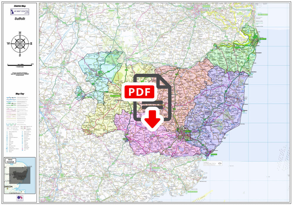 Postcode Map North Suffolk Suffolk County Boundary Map - Digital Download – ukmaps.co.uk